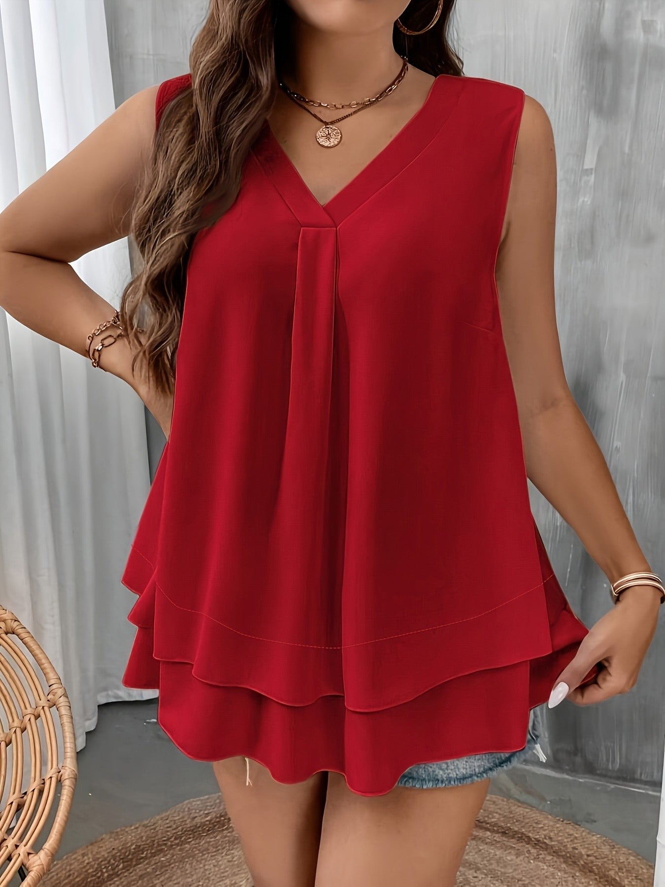 Brielle Plus V-Neck Chiffon Tank